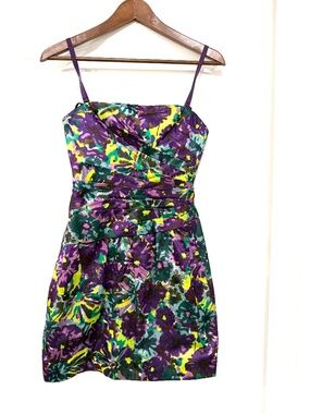 NWT BCBGMAXAZRIA Floral Ruched Strapless Cocktail Mini Dress Size 0 Purple